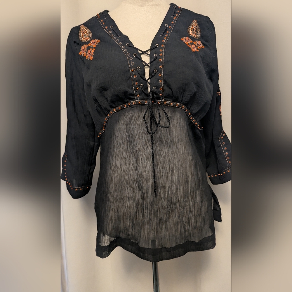 Black Semi Sheer Boho Blouse With Beading, 3/4 Sleeve Slit, Size L